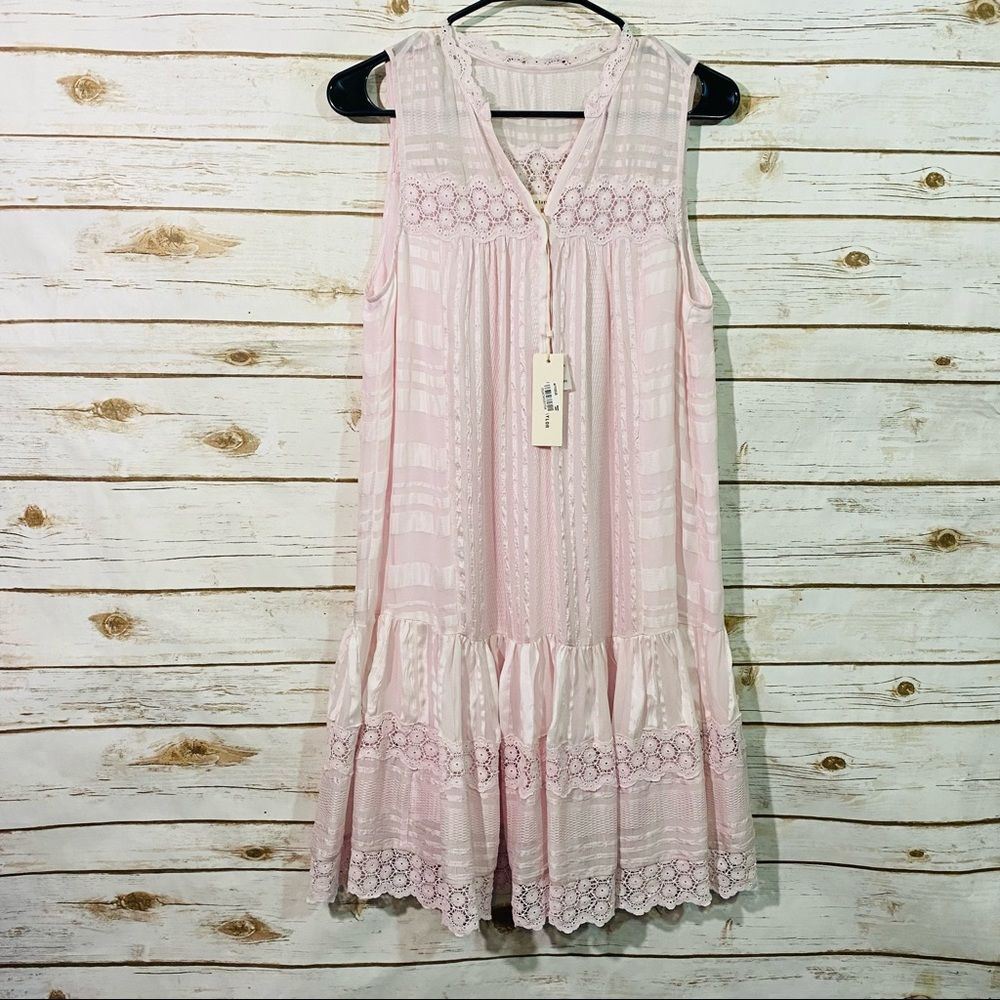 Rebecca Taylor Woman's Pink Silk Sheer Lace Trim A-Line Mini Dress Sz 8